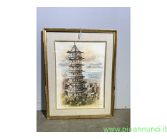 Acquarello primi '900 Pagoda, firmato, mis 59x46 c - 1