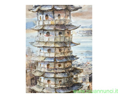 Acquarello primi '900 Pagoda, firmato, mis 59x46 c - 4