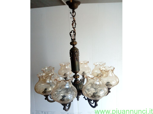 Lampadario in ottone e Vetro inciso 8 bracci - 1